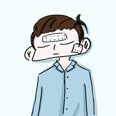 Man in a long-sleeved blue suit He was sick, so he put a cool cloth on his forehead.