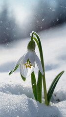 Watercolor painting: A delicate snowdrop emerging from the snow, a harbinger of hope and resilience amidst the cold, winter landscape,