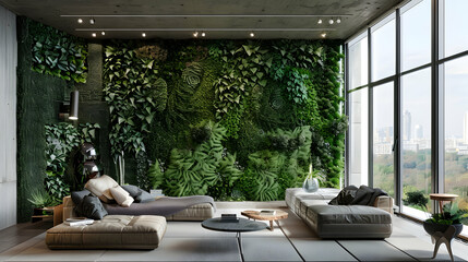 Fototapeta premium Urban Jungle: Living walls with urban accents, nature-inspired furniture, open spaces with lush greenery