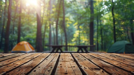 Camping wooden tabletop, empty wood table top in green forest, concept of outdoor nature activity dais podium counter product display platform mockup background banner.