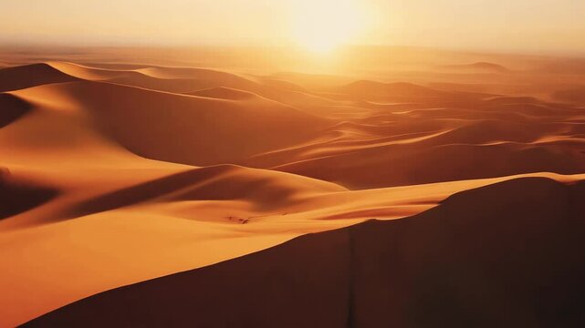 Drone, desert or sunset in Dubai for sand landscape