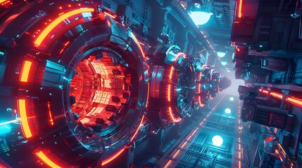 Fototapeta premium A futuristic cityscape with neon lights and glowing orbs. The atmosphere is futuristic and otherworldly. The image is a work of art that showcases the creativity and imagination of the artist