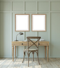 Farmhouse interior of home office. 3d render.