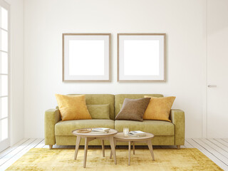 Frame mockup. Modern living-room interior. 3d render.