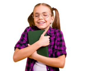 Photo of small lady pupil hold book close to chest eyes closed enjoy final wear specs checkered shirt isolated yellow background