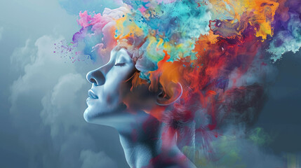Woman head silhouette in profile with a splash of colorful paint. Mental health day. Conceptual image.