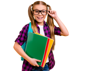 Close up photo of little lady pupil hold copybooks pretty ponytails wear specs checkered shirt isolated yellow background