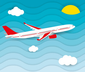 Paper-cut aircraft in the sky flat design illustration.