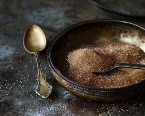 Fototapeta premium Vintage brass sugar tongs delicately holding a heap of brown sugar crystals, capturing the nostalgic charm of traditional kitchenware