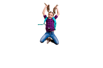 Full body photo of little pupil jump high finally holidays wear casual checkered shirt jeans denim isolated yellow background