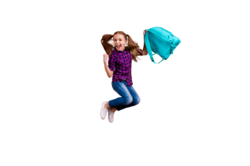 Full length photo of small pupil jump high finally holidays hooray wear casual checkered shirt jeans denim isolated yellow background
