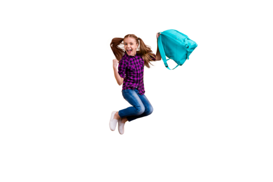 Full length photo of small pupil jump high finally holidays hooray wear casual checkered shirt jeans denim isolated yellow background - Powered by Adobe