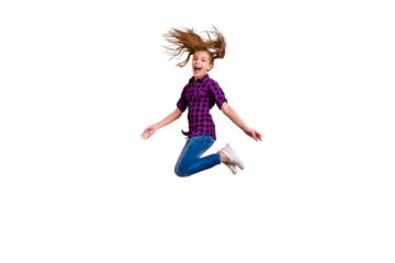 Full size side photo of small pupil jump high hooray holidays wear casual checkered shirt jeans denim isolated yellow background