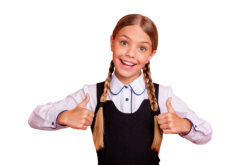 Close-up portrait of her she nice attractive lovely cheerful cheery glad pre-teen girl showing two double thumbup isolated over bright vivid shine orange background