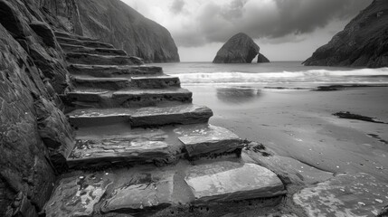 A series of stone steps leading to a secluded beach with waves crashing against the rocks in the distance. Black and white art