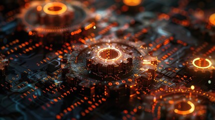 Rusty gears intricately combined with binary code on a dark, tech-themed background