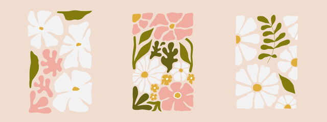 Set of bouquets with flowers. Interior floral painting. Colorful illustrations of flowers for covers, and pictures. Boho pink, beige, and white colors. Vector illustration. © Viktoriia