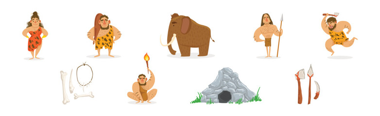Stone Age People Character with Ancient Tool Vector Set