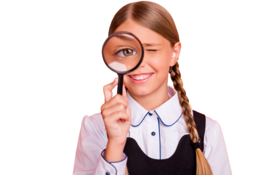 Close-up portrait of her she nice attractive cheerful smart clever genius pre-teen girl holding in hand loupe searching new solution isolated over bright vivid shine orange background