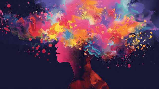 Woman head silhouette in profile with a splash of colorful paint. Mental health day. Conceptual image. - Powered by Adobe