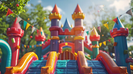 Colorful inflatable castle at a sunny outdoor event. Generative by AI