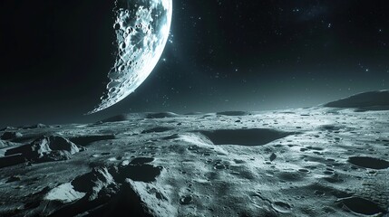 Moon surface in deep bright space. Future Artemis mission from Earth planet on Moon. copy space for text.