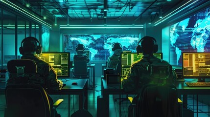 Military Surveillance Team of Officers in Headsets Working in a Central Office Hub for Cyber Operations for Managing National Security.