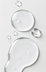 Close up drops of a clear liquid cosmetic product for skin. Gel texture with bubbles on white background. High-quality photography.