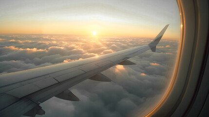 Obraz premium Aircraft wing soaring above clouds. Generative by AI