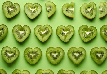 `photo of heart shaped kiwi slices arranged in symmetrical pattern on lime green background, seamless repeating pattern`