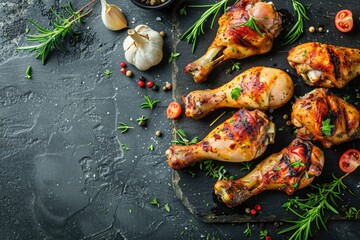 Chicken Legs. Grilled Spicy Bird with Garlic and Rosemary on Crispy Dark Background