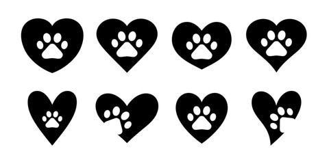 Pow with heart dog, cat animal pow or footprint icon set in black and white color for animal lovers. Animal footprint with heart. Footprint and heart icons collection. Heart and pet paw print dog cat.