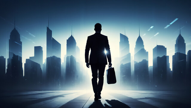 A silhouette of a businessman walking on the morning