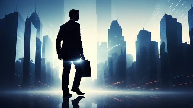 A silhouette of a businessman walking on the morning