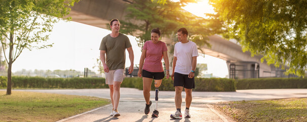 Friend support Friend with a prosthetic leg while exercising outdoor. People walking together on park outdoor. Exercise walking  woman with prosthetic leg and friend support together in  park outdoor