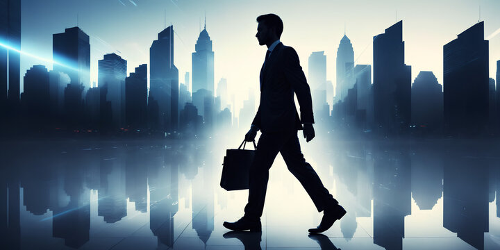 A silhouette of a businessman walking on the morning