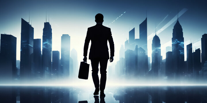 A silhouette of a businessman walking on the morning