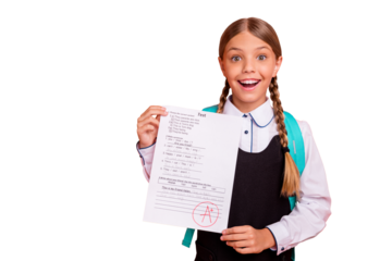 Portrait of her she nice attractive lovely charming cute cheerful cheery successful glad pre-teen blonde girl demonstrating great grade isolated on bright vivid shine orange background