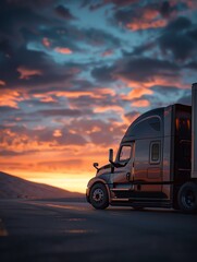 A powerful semi-truck speeds down the open road, its sleek design and chrome accents gleaming in the sunlight