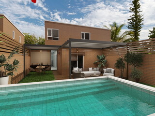 terraza con piscina de casa real de estilo moderno y mediterraneo 