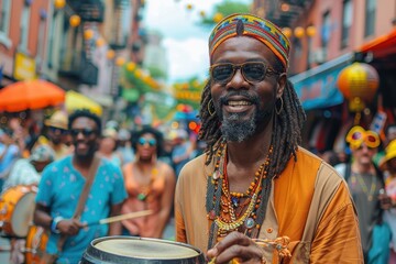 A lively street festival with musicians playing, food stalls, and people dancing and enjoying the festivities. 