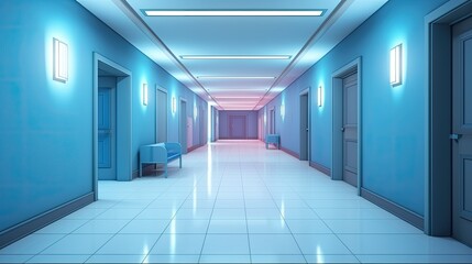 Empty modern hospital corridor, clinic hallway interior background