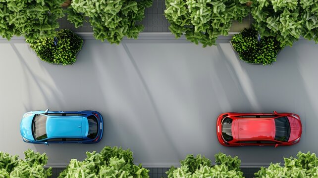 Top view of two cars parked with green shrubs on either side