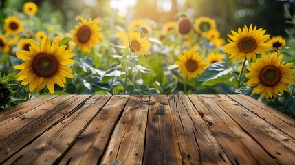 Obraz premium Charming Wooden Tabletop with Sunflowers Garden in the Background: Perfect for Rustic Outdoor Dining and Nature Enthusiasts, Capturing the Essence of Summer, Nature, and Serenity
