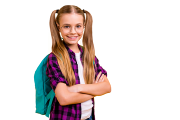 Closeup photo of little lady arms crossed glad return classroom wear specs checkered violet shirt isolated yellow background