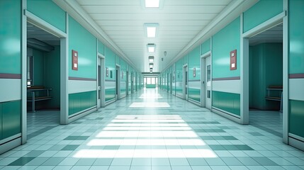 Empty modern hospital corridor, clinic hallway interior background