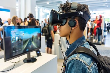Man using VR headset at a technology expo, experiencing virtual reality and interacting with digital elements in a high tech, public setting