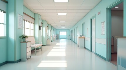 Empty modern hospital corridor, clinic hallway interior background