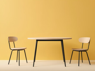 Chair table. Minimal style Two chair and table on yellow background. Simple Furniture style.