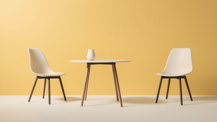 Fototapeta premium Chair table. Minimal style Two chair and table on yellow background. Simple Furniture style.